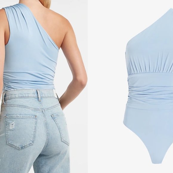 Express Body Contour Double Layer Ruched One Shoulder Thong Bodysuit - Picture 4 of 4